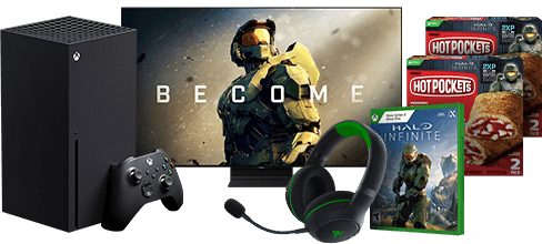 Legendary Gear including an Xbox Series X, game pass, gaming headphones, HALO Infinite game and two boxes of Hot Pockets.