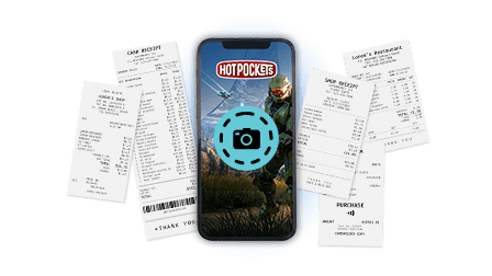 Five receipts surround a smartphone with the Hot Pockets logo above a picture upload icon.